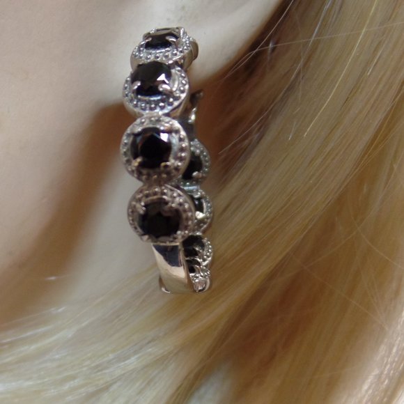 Unbranded Stainless Steel Black Spinel & Sparkling CZ Hoop Earrings Apx 1.5" 10G - Picture 10 of 13